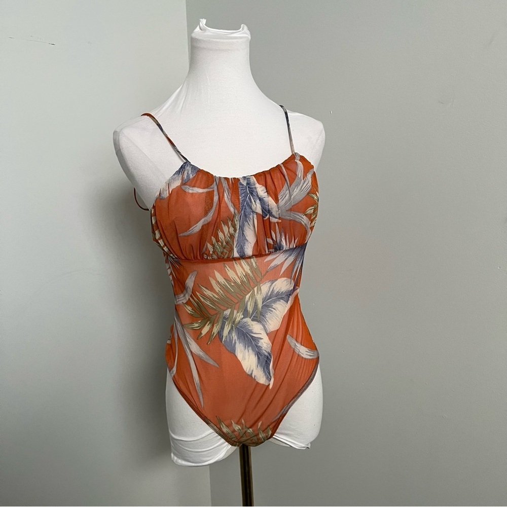 Vintage Y2K Shelley Sheer Tropical Bodysuit Mesh Camisole Top M/L - Picture 2 of 5